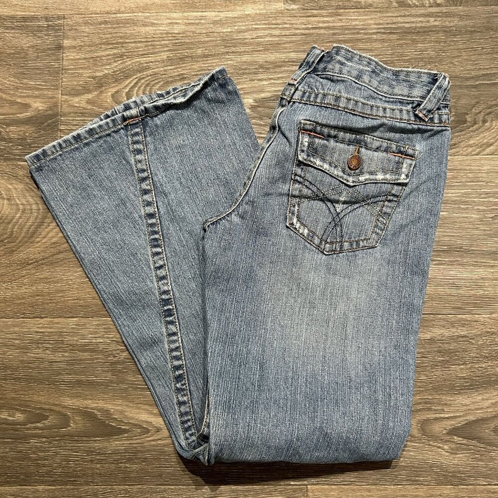 Be Good Size Large Patchwork Embroidered Denim Distressed Flare Jeans Y2K 00s - Picture 3 of 13